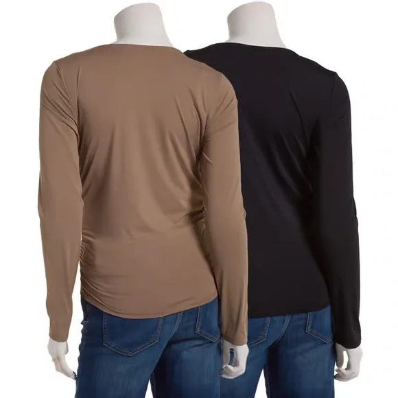 Pink Rose Long Sleeve Square Neck Tops - Black and Tan - Picture 2 of 4